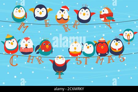 Christmas birds on wires. Merry christmas words on the greetings card Stock Vector