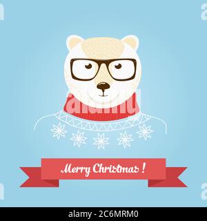 Christmas cute forest bear head logo. Vector modern fashionable hipster bear animal in clothes Stock Vector