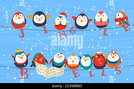 Christmas birds on wires greetings card. Christmas Birds holding Jingle Bells words. Happy New Year Stock Vector