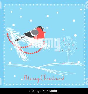 Christmas bullfinch bird on the branch tree greeting card. Merry Christmas and Happy New Year Stock Vector