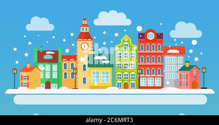 Winter urban landscape in flat style. Vector illustration. Small Town concept Stock Vector