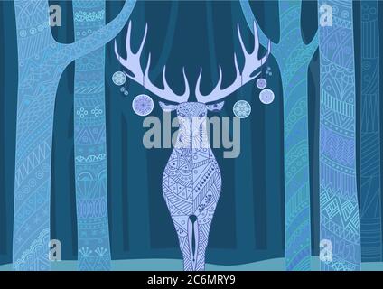 Christmas deer. Merry Christmas and Happy New Year card with deer in forest. Beautiful decorative color line patterns on the deer and trees Stock Vector