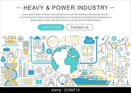 Vector modern line flat design Heavy and power industry concept. Heavy power industry icons Website Header, app design poster banner Stock Vector