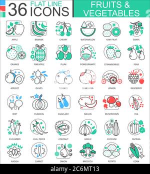 Vector Fruits and vegetables flat line outline icons for apps and web design. Fruits and vegetable food icon Stock Vector