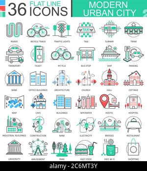 Vector Modern city color flat line outline icons for apps and web design. Urban city elements Stock Vector