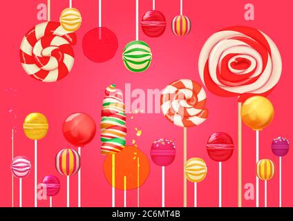 Red pink sugar background with bright colorful lollipops candy sweets. Candy shop. Sweet color lollipop Stock Vector