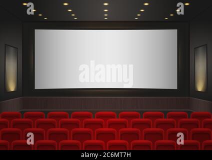 Interior of a cinema movie theatre. Red cinema or theater seats in front of white blank screen. Empty Cinema auditorium background vector illustration Stock Vector