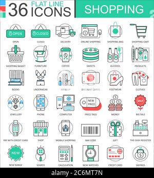 Vector Shopping e-commerce color flat line outline icons for apps and web design. Shopping mall commerce icons elements Stock Vector