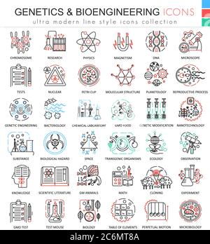 Vector Genetics and biochemistry color flat line outline icons for apps and web design. Genetics chemical high technology elements icons Stock Vector