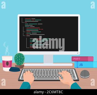 Man programmer hands working on his PC computer. Coding and programming. Head monitor view vector illustration Stock Vector