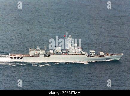 An aerial starboard wide view of the Chinese Navy Jiangwei class guided missile frigate Huaibei (F-541). Stock Photo