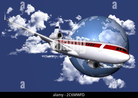 3D illustration. Airplane with the background over the world with his possible destinations. Stock Photo