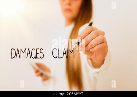 Word writing text Damages Claim. Business photo showcasing seeks to repair the damages or liability of the victim party Model displaying different sho Stock Photo