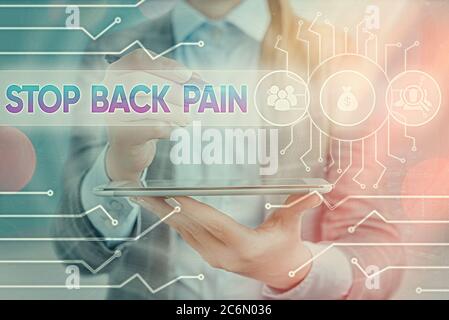 Text sign showing Stop Back Pain. Business photo text put an end on the pain felt in the low or upper back System administrator control, gear configur Stock Photo