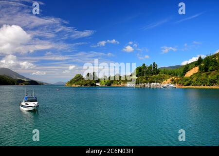 The beautiful Elaine Bay in the Marlborough Sounds in New Zealand, South Island. A white boat in front and some in the back. Stock Photo