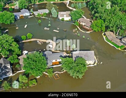 Aerial photos of the Missouri river flooding in Sioux City, Iowa, South Sioux City, Nebraska, and Dakota Dunes, South Dakota, on June 8, 2011.  Levees were built near homes to prevent the Missouri river from flooding properties. Stock Photo