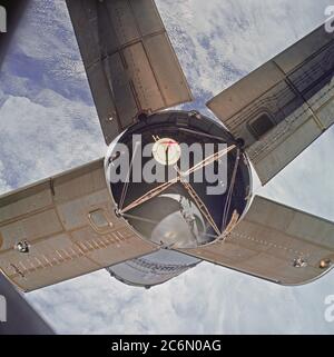 The expended Saturn IVB stage as photographed from the Apollo 7 spacecraft during transposition and docking maneuvers. This photograph was taken during Apollo 7's second revolution of Earth. Stock Photo