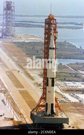 Aerial view at Launch Complex 39, Kennedy Space Center, showing a close-up of the 363-feet tall Apollo 10 (Spacecraft 106Lunar Module 4Saturn 505) space vehicle on its way to Pad B Stock Photo