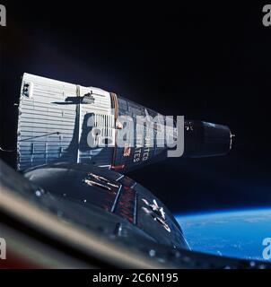 This photograph of the National Aeronautics and Space Administration's (NASA) Gemini-7 spacecraft was taken through the hatch window of the Gemini-6 spacecraft Stock Photo