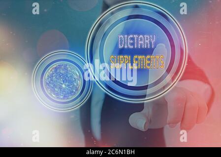 Text sign showing Dietary Supplements. Business photo text product intended to supplement the diet taken orally Futuristic icons solar system. Element Stock Photo