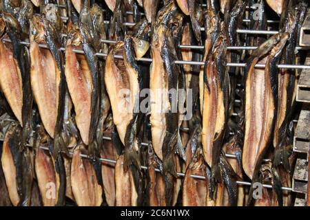 A Close Up of Kippers Hanging in a Smoking Cabinet. Stock Photo