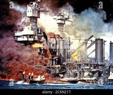 Pearl Harbor, HI. Thick smoke rolls out of a burning ship during the attack on Pearl Harbor by the Japanese. December 7, 1941.  Color Stock Photo