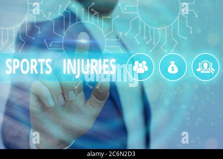 Text sign showing Sports Injuries. Business photo showcasing injuries that occur when engaging in sports or exercise System administrator control, gea Stock Photo
