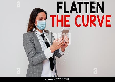 Writing note showing Flatten The Curve. Business concept for raising an awareness on slowing the rate of the infectious disease Promoting health aware Stock Photo