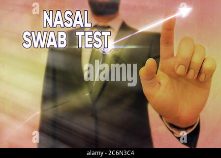 Handwriting text writing Nasal Swab Test. Conceptual photo diagnosing an upper respiratory tract infection through nasal secretion Arrow symbol going Stock Photo