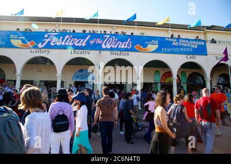 Bondi Pavilion at Bondi Beach in Sydney’s east during the Festival of the Winds kite flying festival. Stock Photo