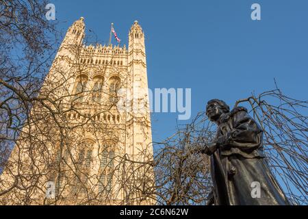 Statue of Emmeline Pankhurst outside The Palace of Westminster, Victoria Tower Gardens, London, UK Stock Photo