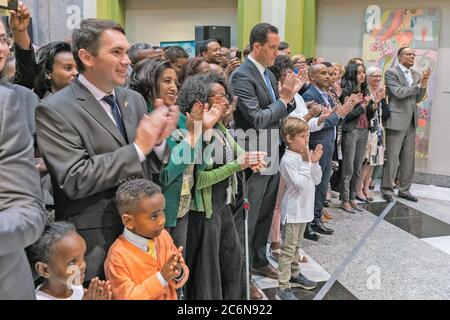 Secretary Pompeo is welcomed by staff of U.S. Embassy Addis Ababa and U.S. Mission to the African Union ca. February 2020 Stock Photo