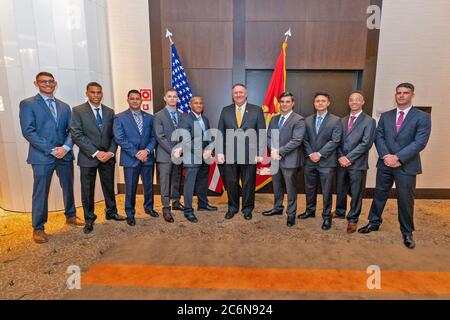 Secretary Pompeo Meets with Marine Security Guards at U.S. Embassy Luanda ca. February 2020 Stock Photo