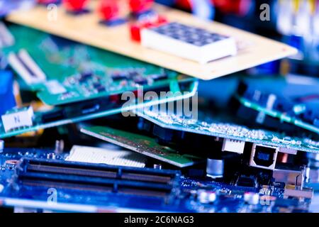 electronic PCB garbage as background from recycle industry and old consumer devices Stock Photo