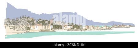 Scenic panoramic view of Mediterranean Coast - vector illustration (Ideal for printing, poster or wallpaper, house decoration) Stock Vector