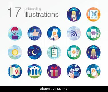 17 onboarding gradient illustrations for mobile and web app, and other Stock Vector
