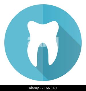 Tooth vector icon, flat design blue round web button isolated on white background Stock Vector