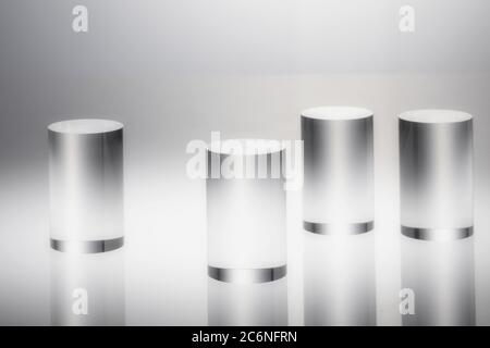 Blank shelf stand for showing product. transparent cylinder. Stock Photo