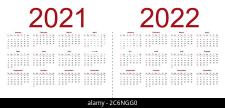 Set of minimalist calendars, years 2021 2022, weeks start Sunday. Isolated vector illustration on white background. Stock Vector