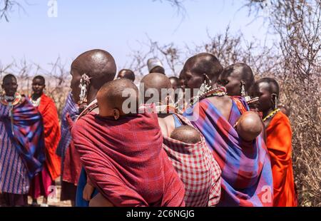 Serengeti, Tanzania - September 21. 2012: A groupd of Massai women in colorful cloth carrying babies on their backs gatehring together in a Massai vil Stock Photo