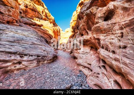 Narrows on White Domes Trail in Valley of Fire State Park near Las Vegas, Nevada, USA       Keywods: valley, fire, landscape, landmark, sunrise, sunse Stock Photo