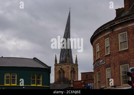 The iconic crooked spire of the Church of St Marys and All Saints in Chesterfield, UK