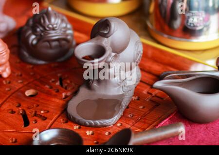 Tea set on a wooden tea tray Stock Photo