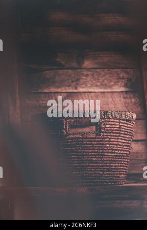 Empty wicker basket. Basket in bathroom. Vintage wicker basket Stock Photo