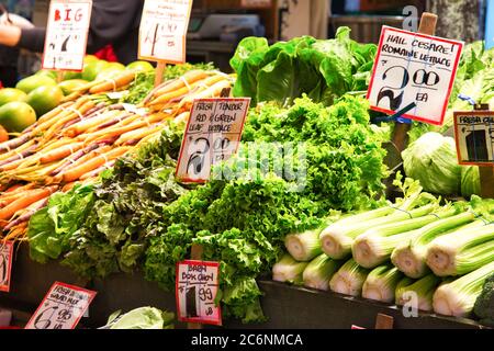 Fresh Vegetables Offering at Seattle Pike Place Market, Washington, USA Stock Photo