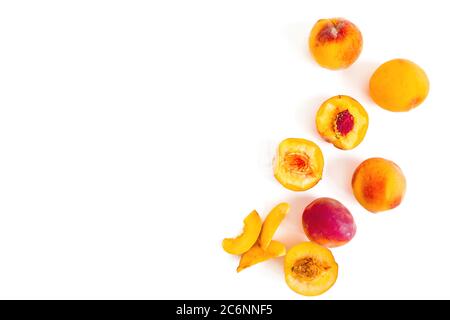 Tasty ripe peaches on white background. Sweet nectarine fruits. Top view. Flat lay Stock Photo