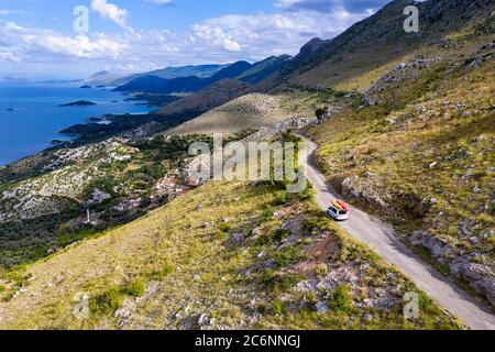 Car driving on narrow scenic mountain road with cow in Austrian Alps ...