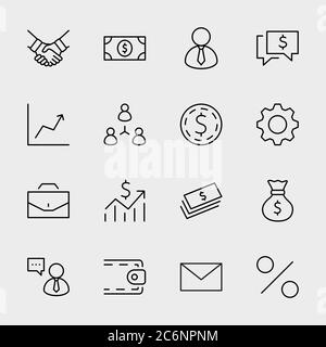 Business Line Icons. Handshake, User, Dollar Icon, Gears, Editable Stroke Stock Vector