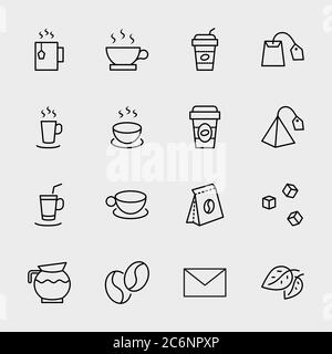 Coffee Tea Line Icons. Icon Cup Tea, Coffee beans Green Tea. Editable Stroke Stock Vector