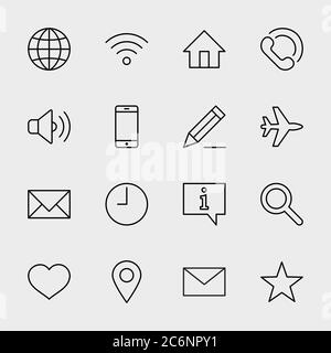 Web Line Icons. Icon Globe, Wi-fi, Home, Heart, Phone Time Star. Editable Stroke Stock Vector